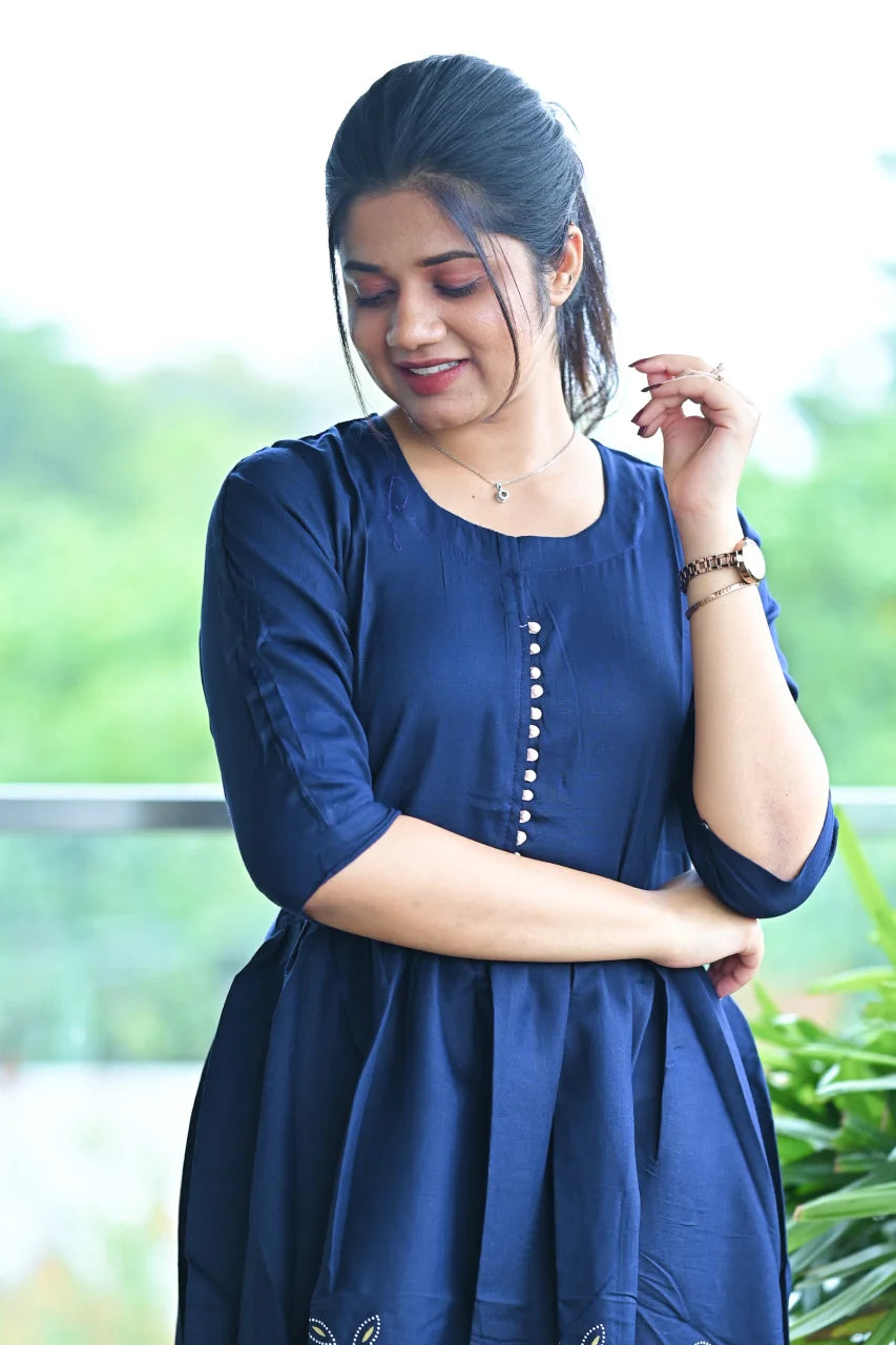Midnight Blue Floral Border Cotton A-Line Kurti