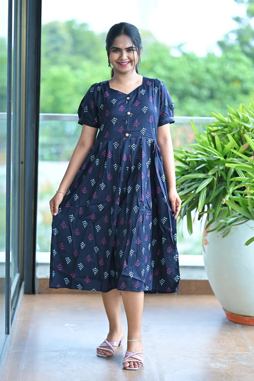 Midnight Indigo Printed Cotton A-Line Dress