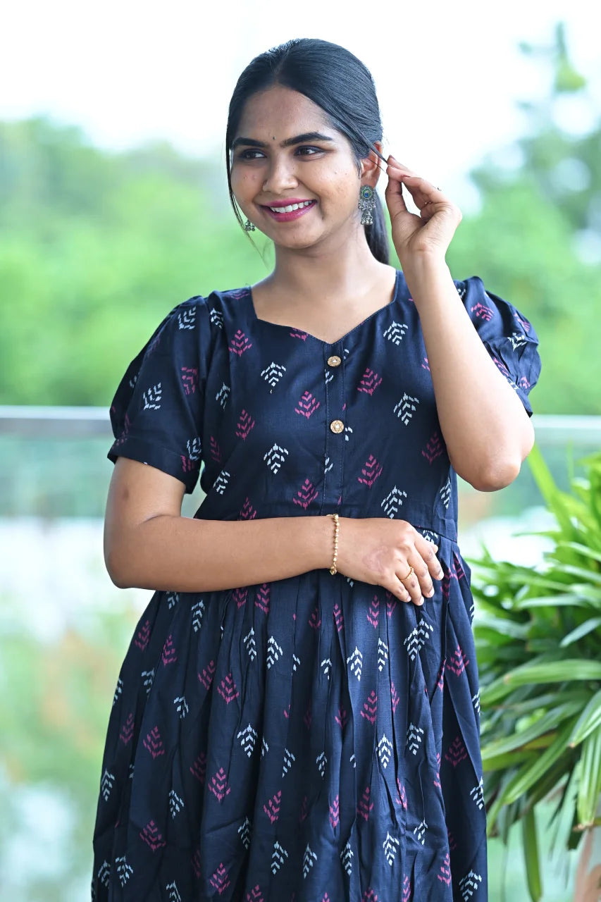 Midnight Indigo Printed Cotton A-Line Dress