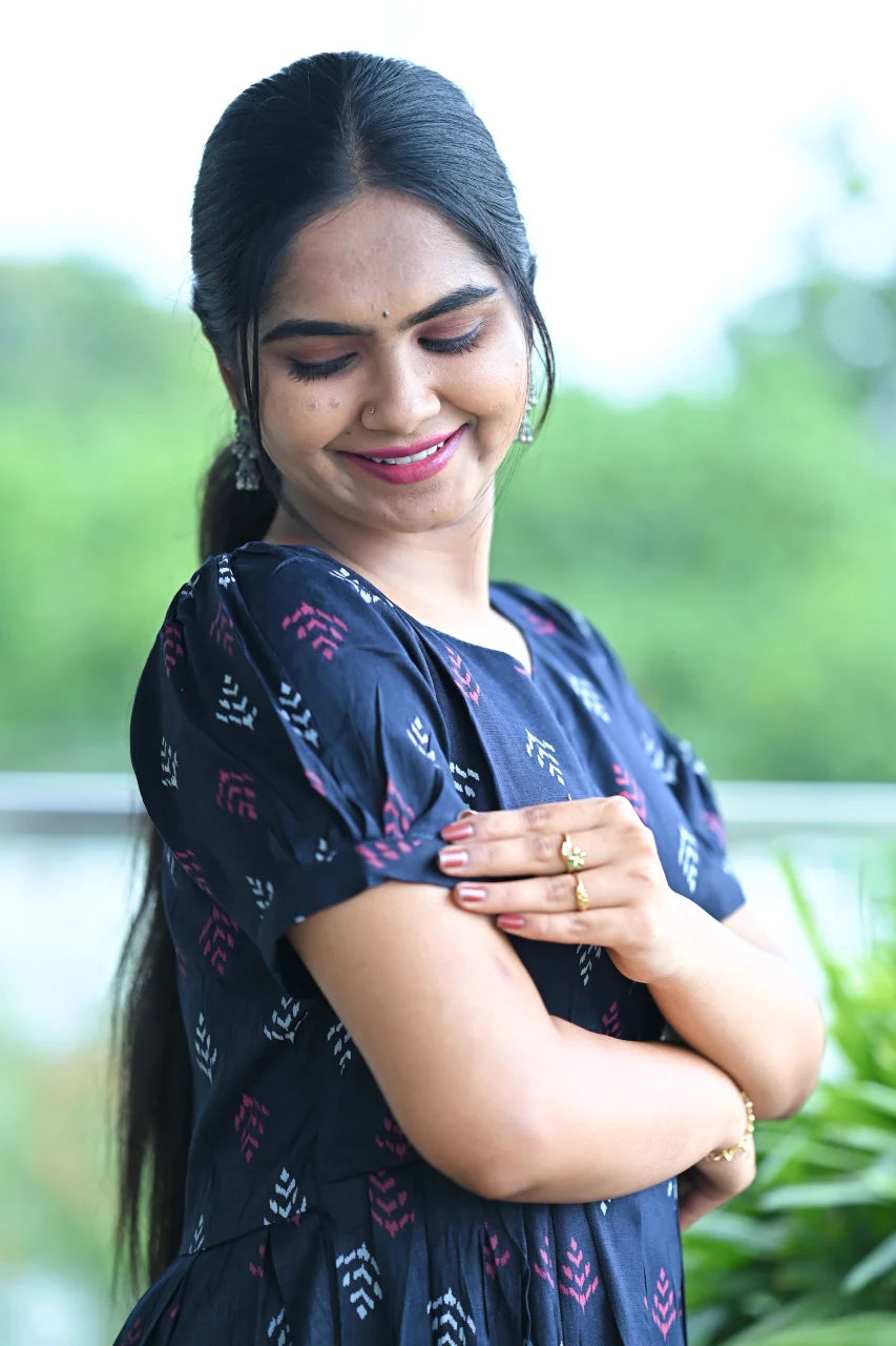 Midnight Indigo Printed Cotton A-Line Dress