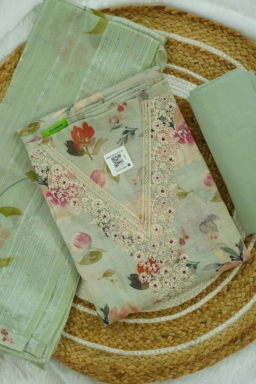 Mint Garden Embroidered Unstitched Kurti Set