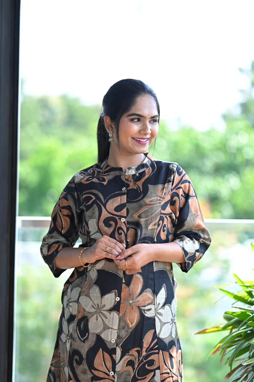 Mocha Bloom Printed Straight Kurti