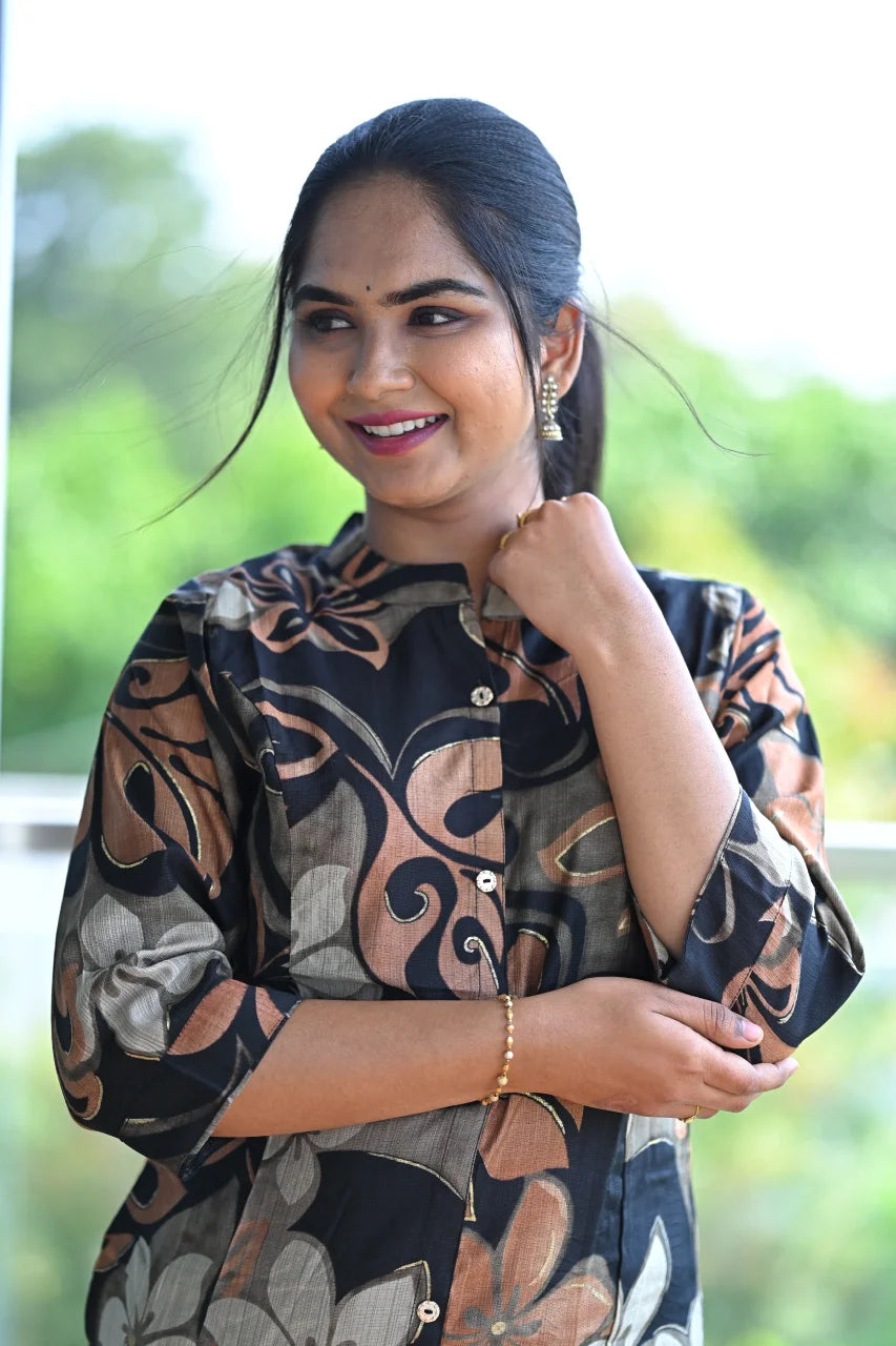 Mocha Bloom Printed Straight Kurti