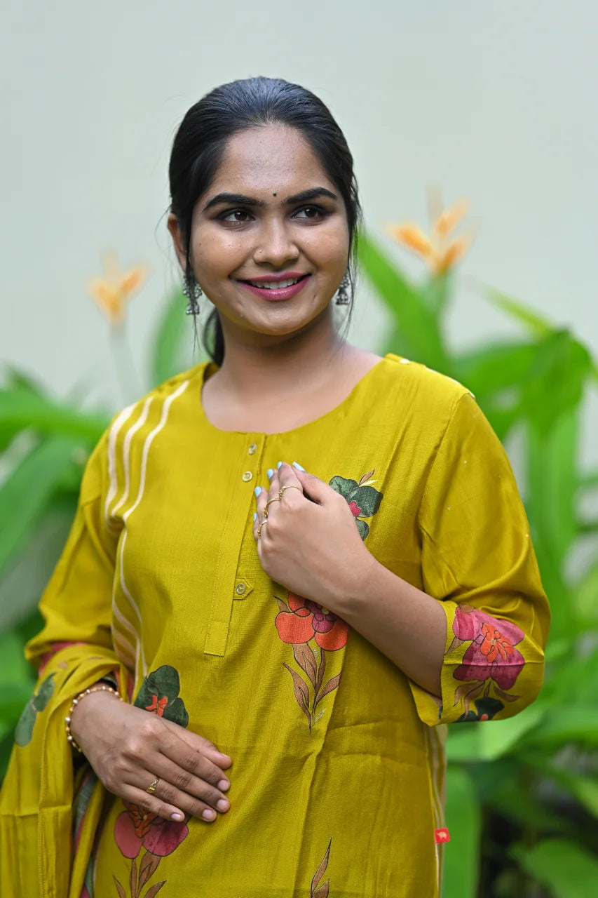 Mustard Yellow Hand Painted Floral Cotton Straight Kurta Set with Pant & Dupatta