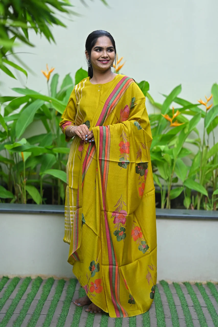 Mustard Yellow Hand Painted Floral Cotton Straight Kurta Set with Pant & Dupatta