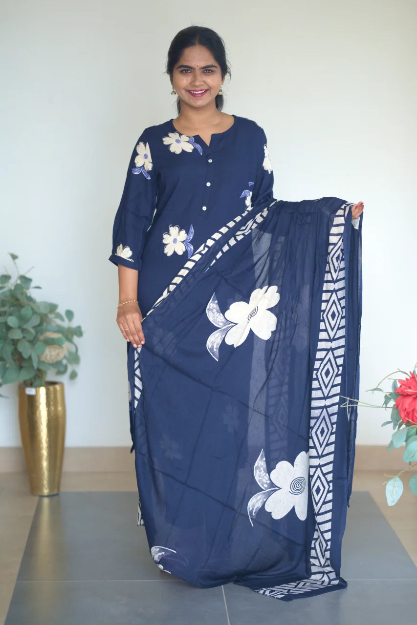 Navy Blue Floral Print Kurti Set with Contrast Detailing