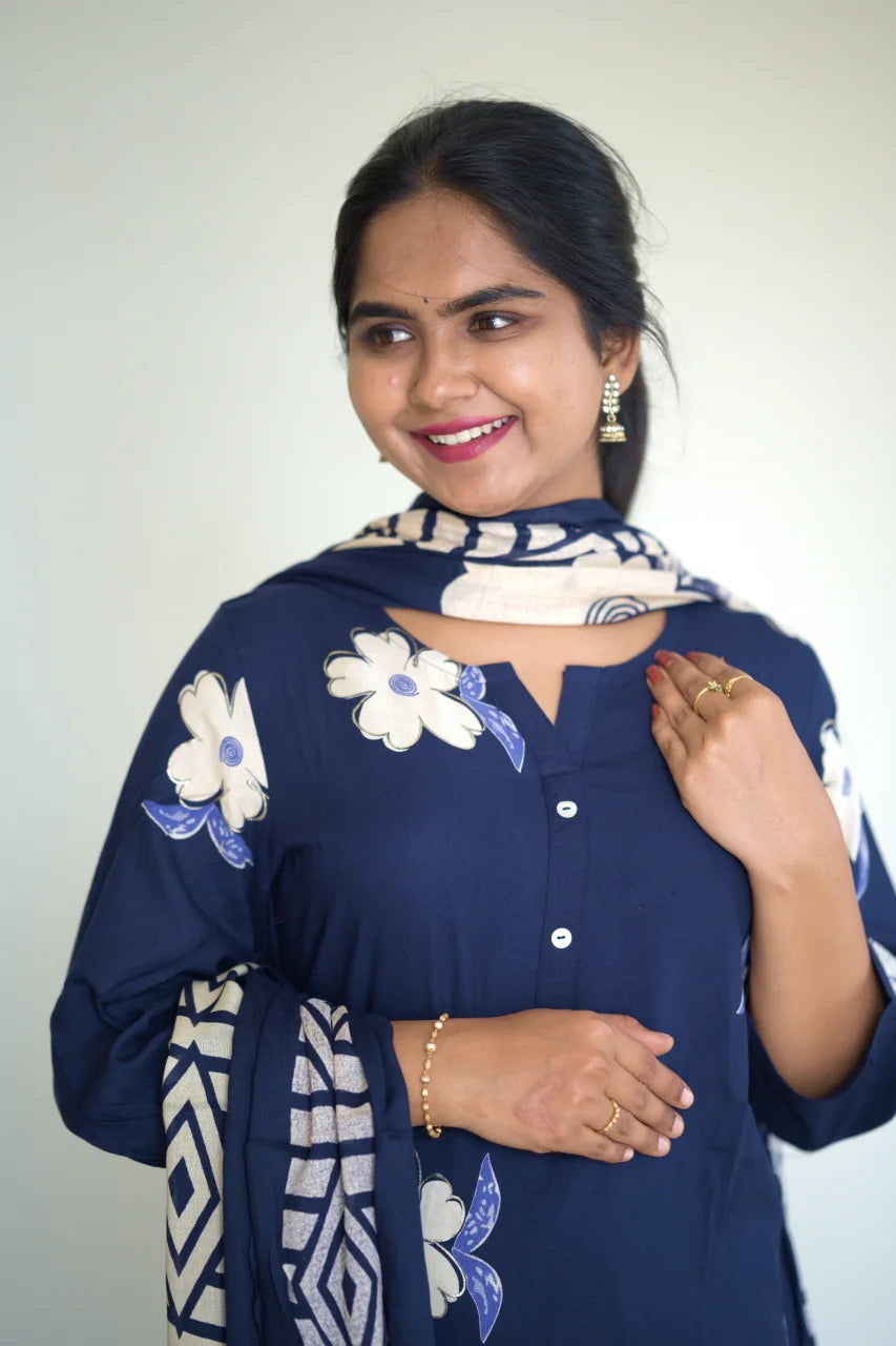 Navy Blue Floral Print Kurti Set with Contrast Detailing
