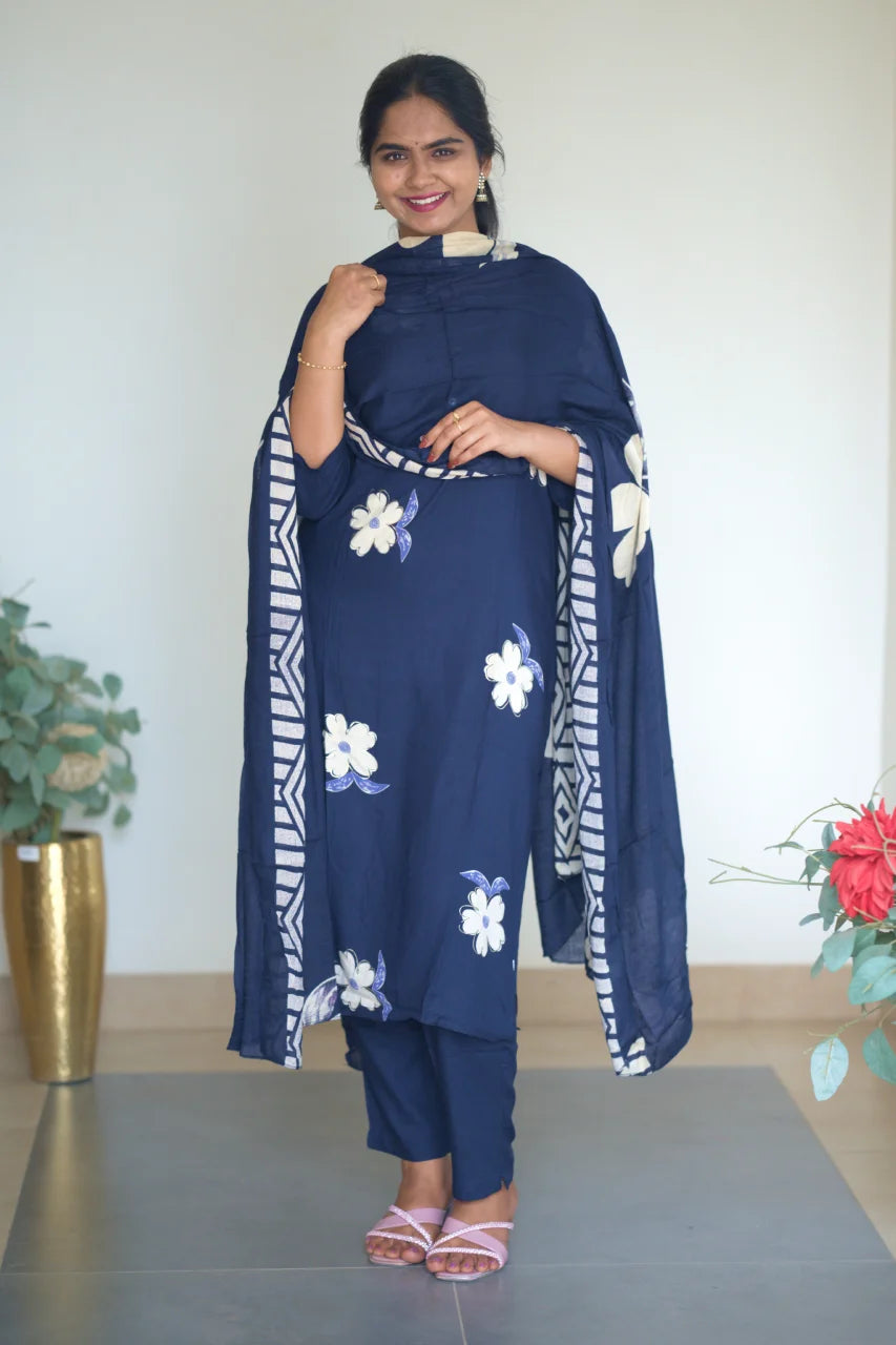 Navy Blue Floral Print Kurti Set with Contrast Detailing