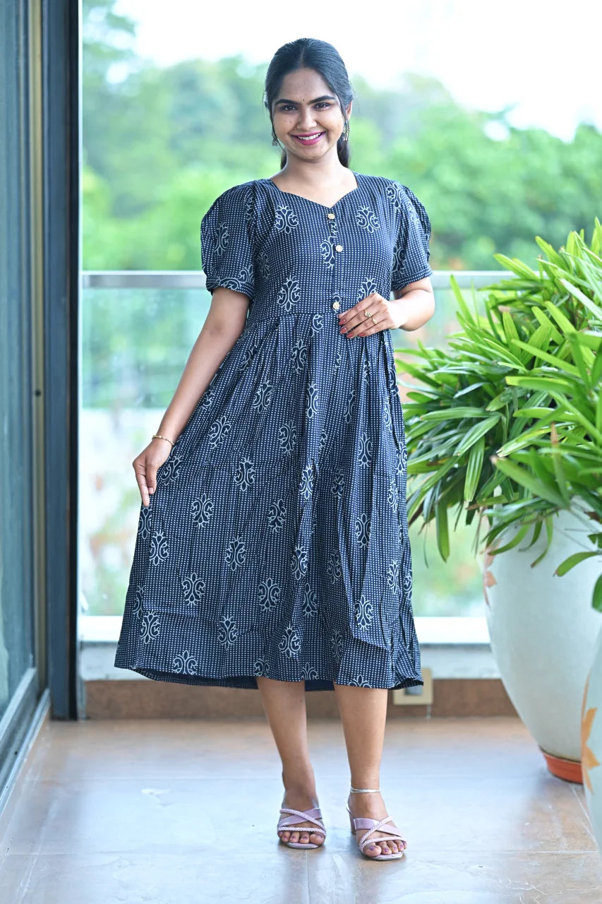Navy Blue Printed Cotton Fit & Flare Dress