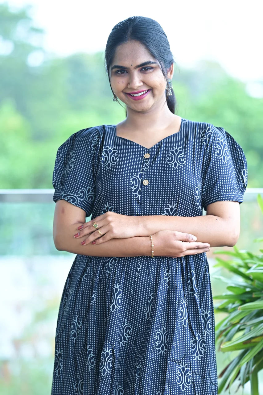 Navy Blue Printed Cotton Fit & Flare Dress