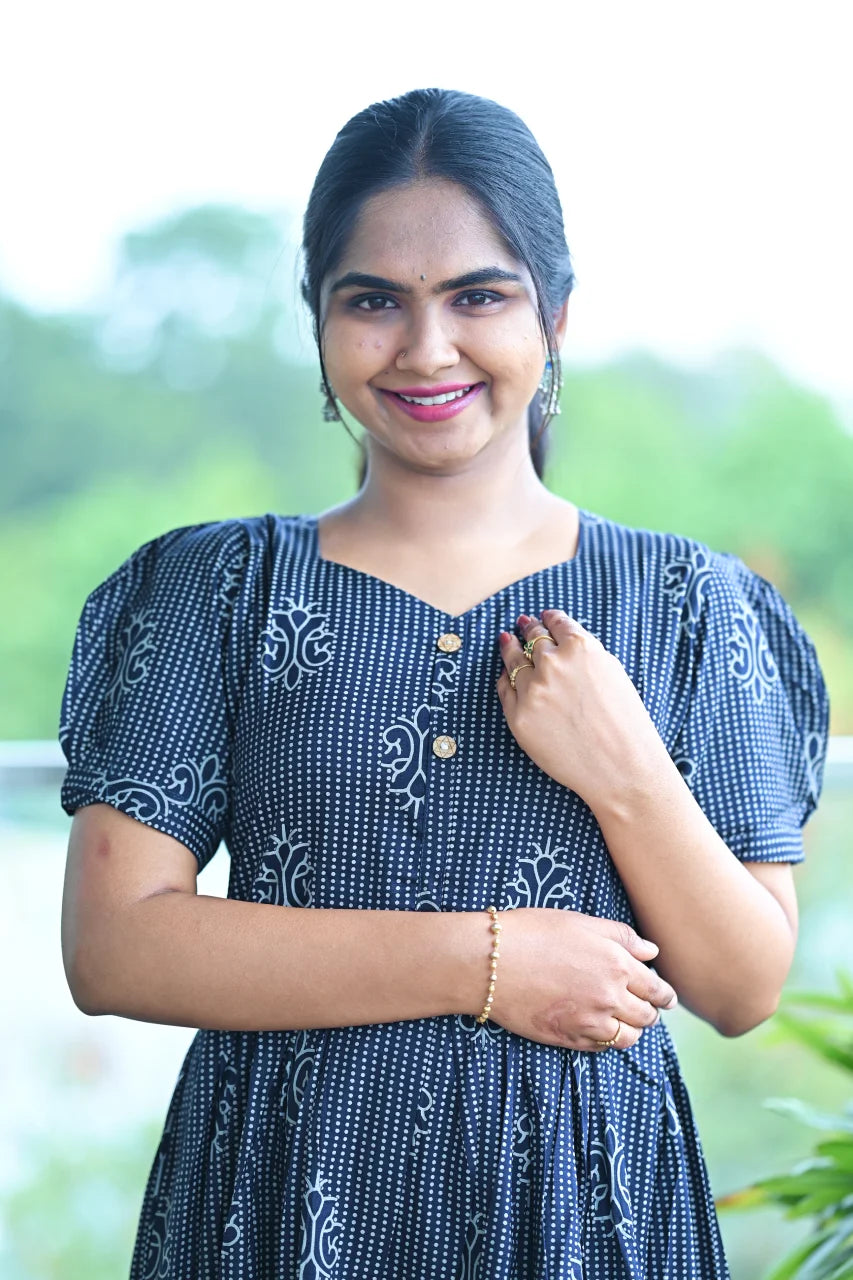 Navy Blue Printed Cotton Fit & Flare Dress