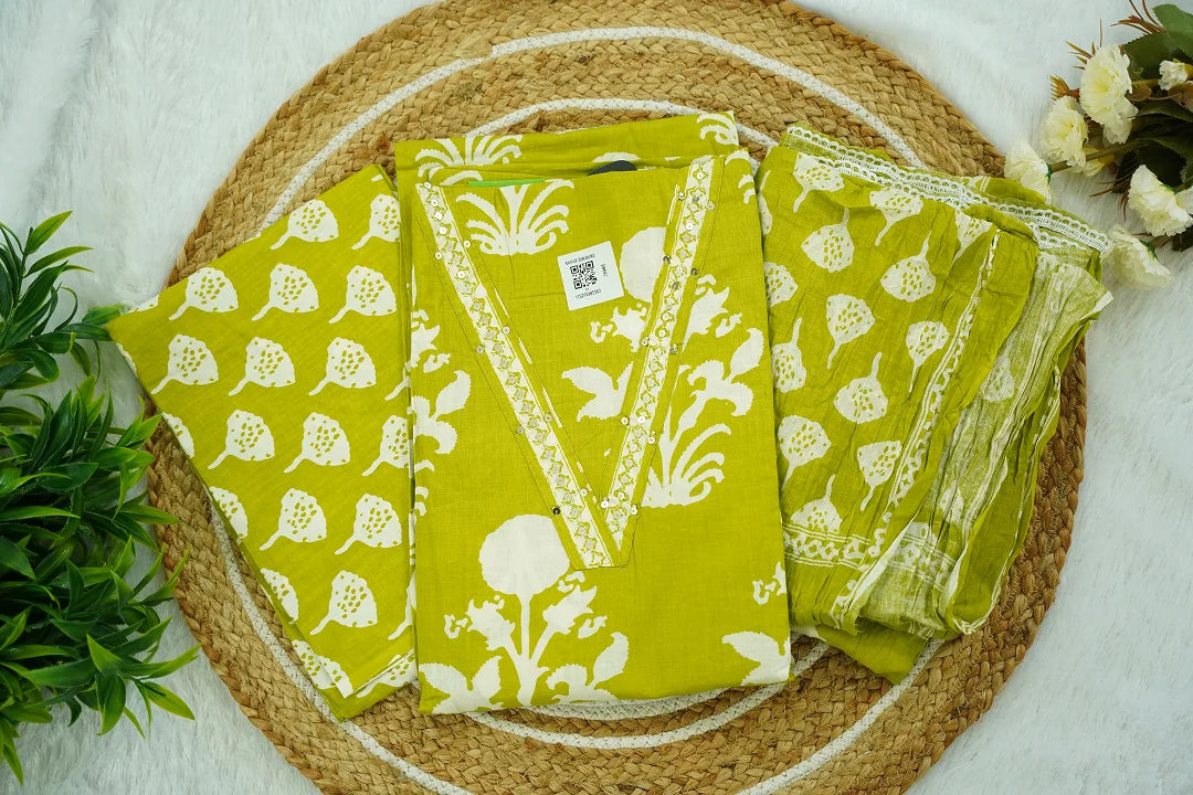 Olive Bloom Hand-Printed Unstitched Kurti Set