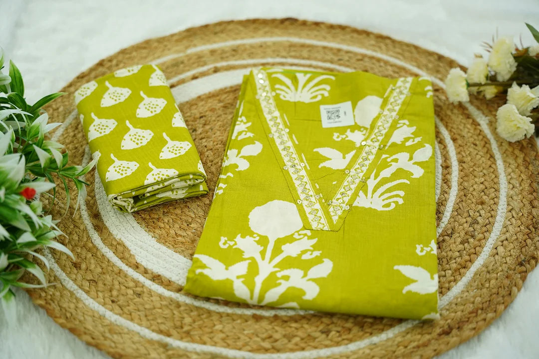 Olive Bloom Hand-Printed Unstitched Kurti Set