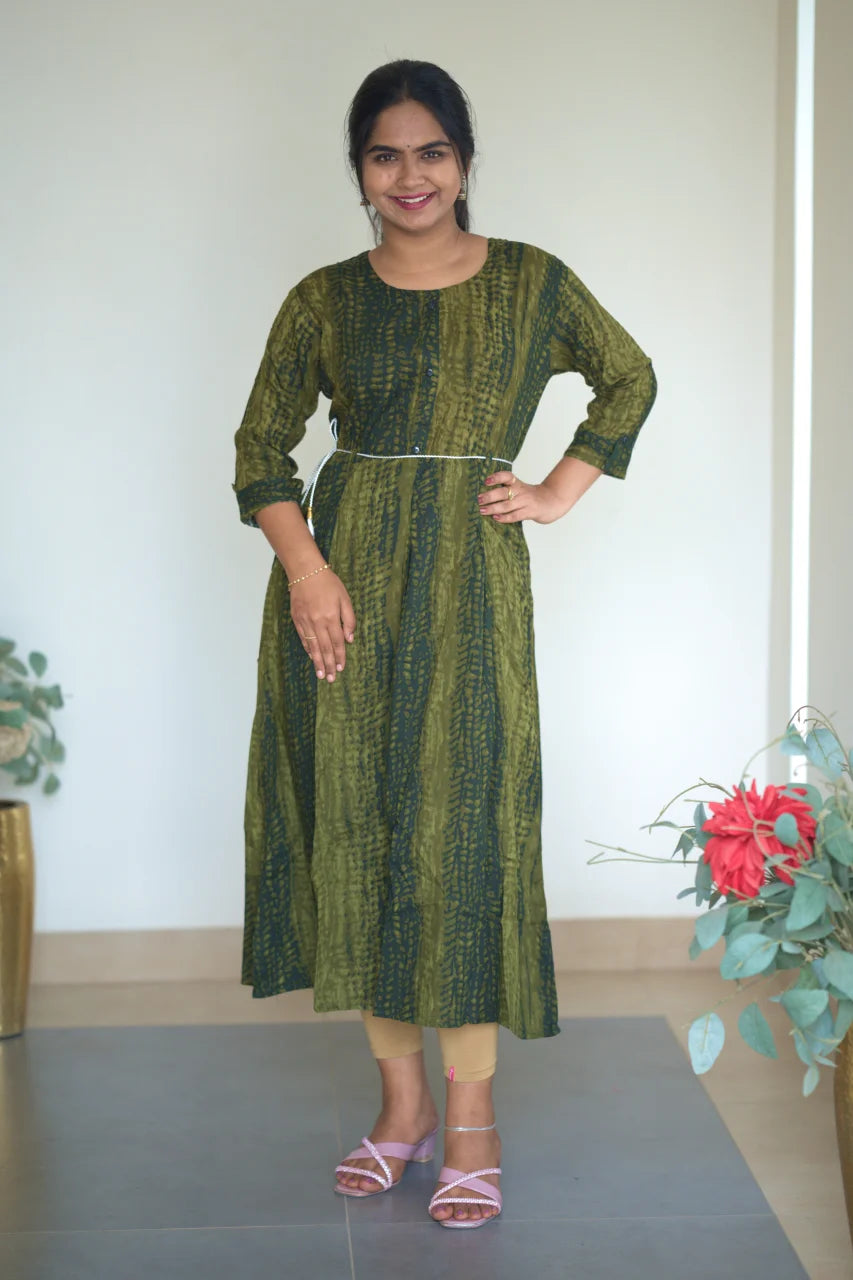 Olive Green Abstract Print A-Line Kurti with Waist Belt