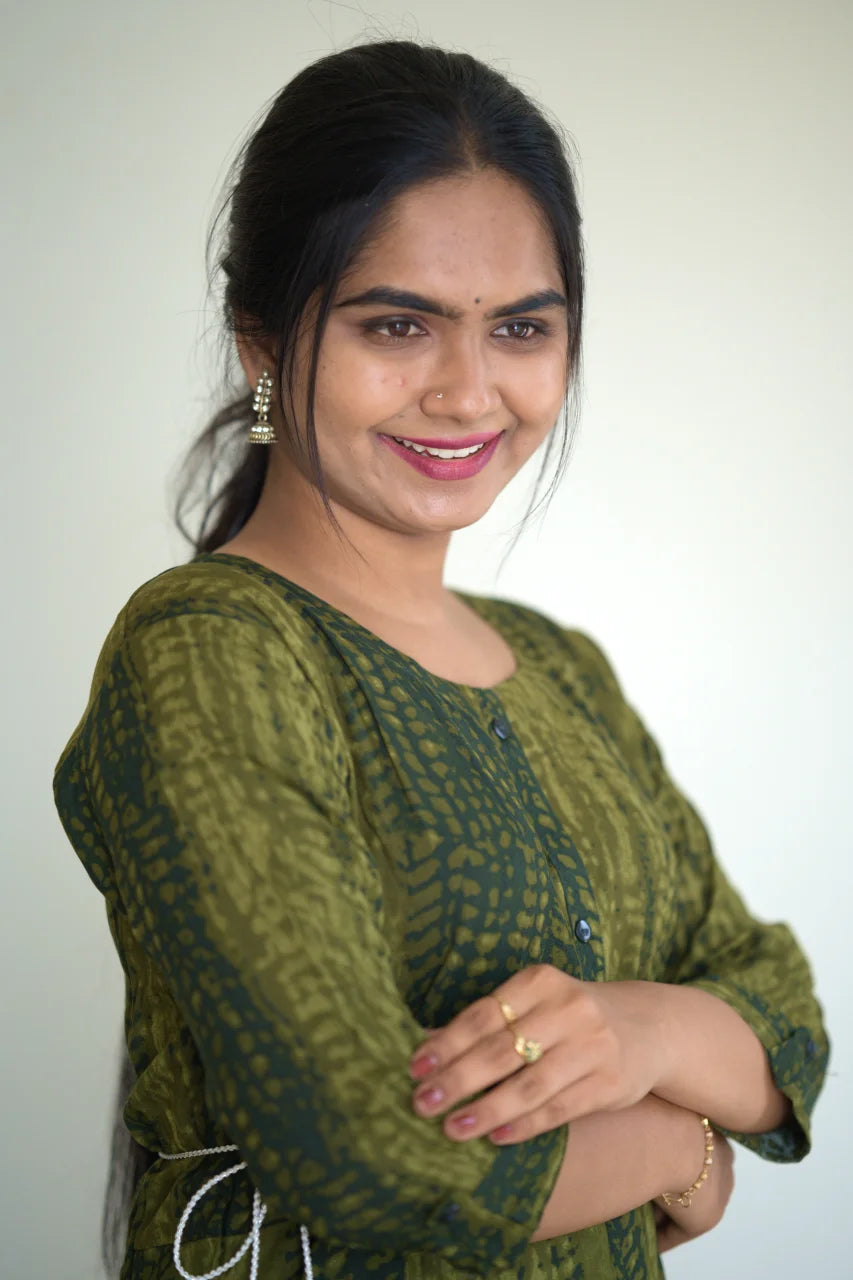 Olive Green Abstract Print A-Line Kurti with Waist Belt