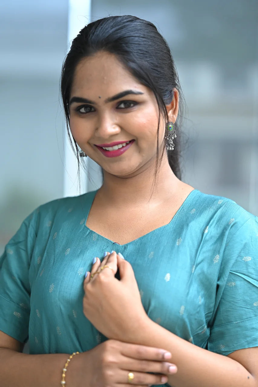 Rayon Women's Aqua Green Color Printed Puffed Sleeve Midi Dress