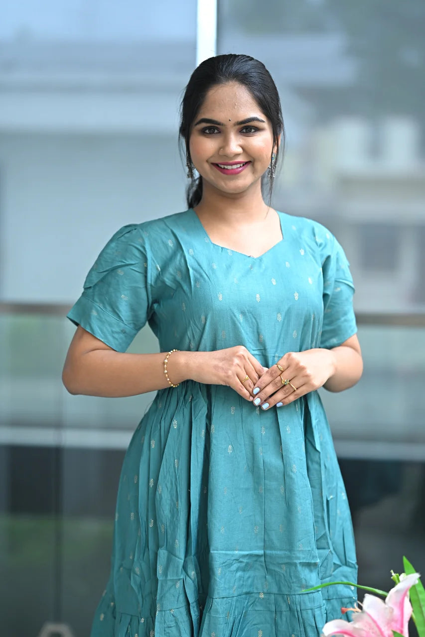 Rayon Women's Aqua Green Color Printed Puffed Sleeve Midi Dress