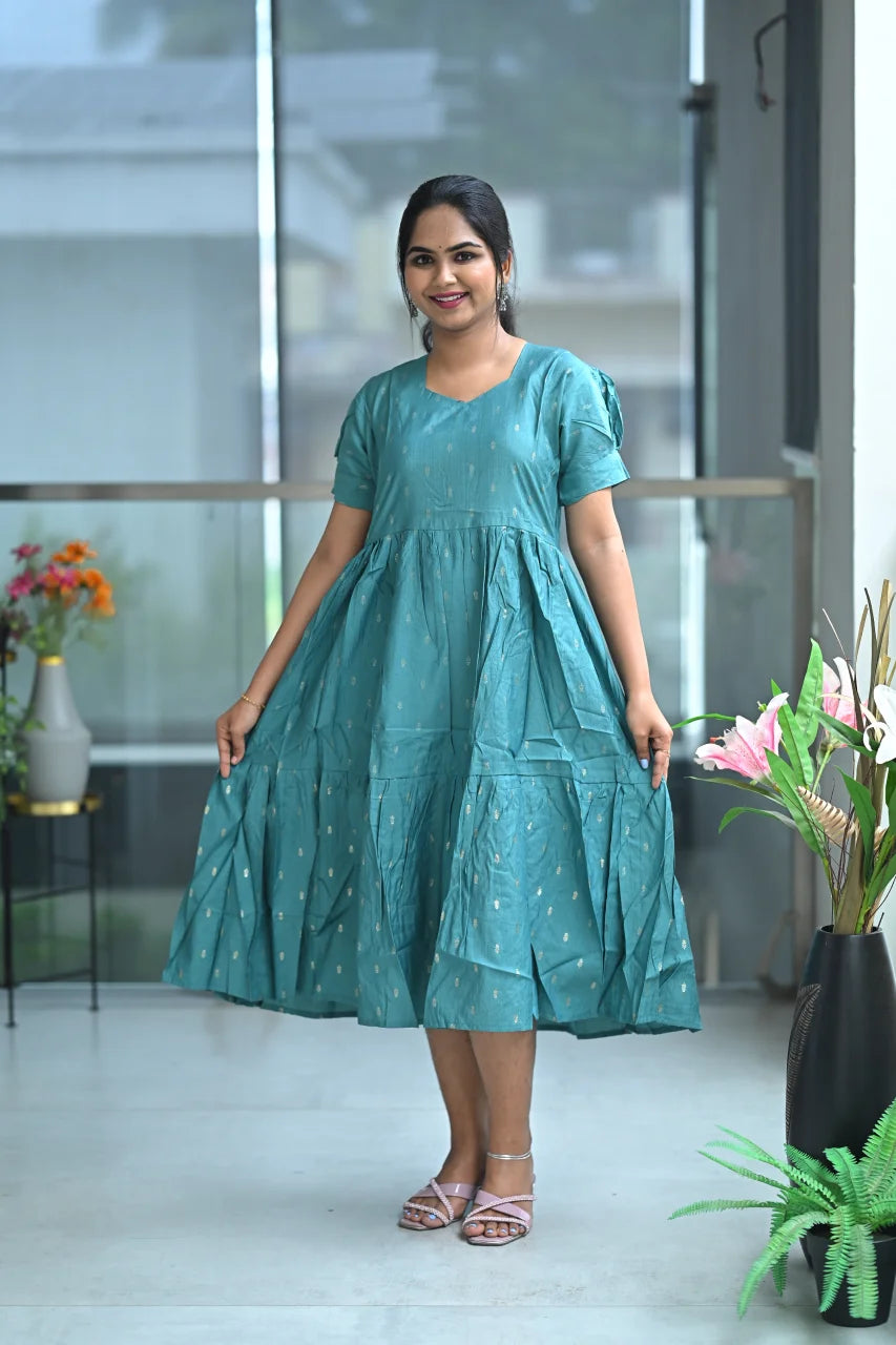 Rayon Women's Aqua Green Color Printed Puffed Sleeve Midi Dress