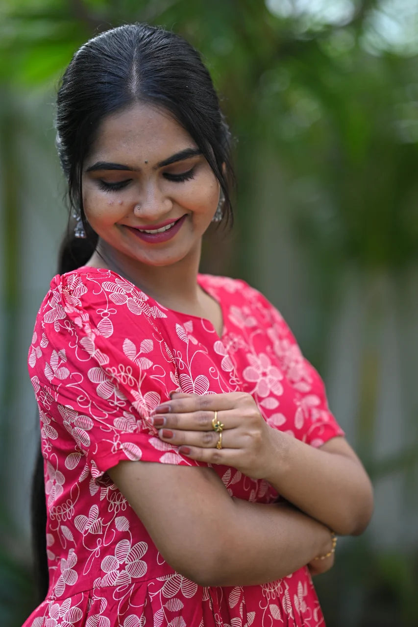 Red Floral Printed Cotton A-Line Kurti