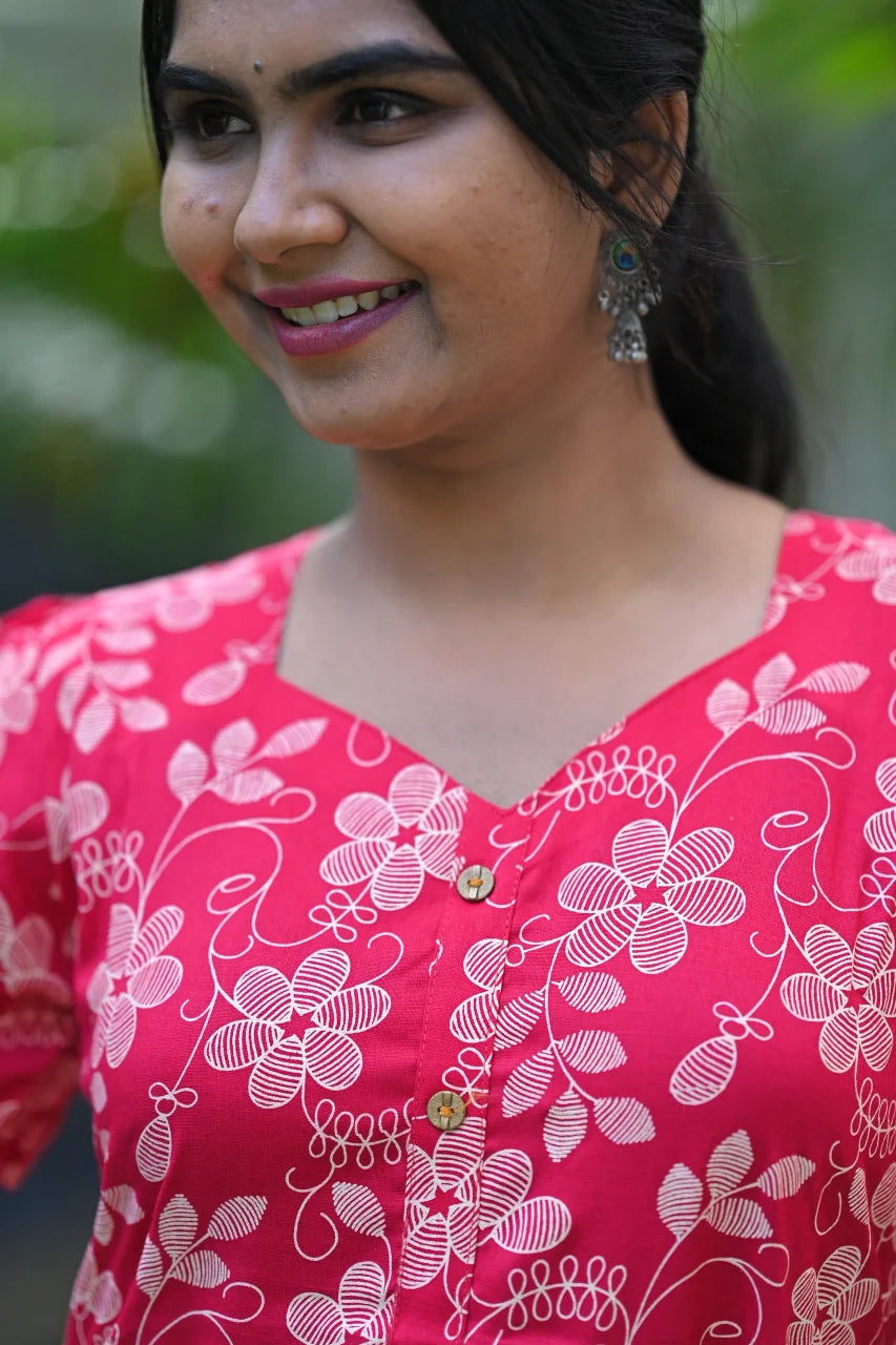 Red Floral Printed Cotton A-Line Kurti