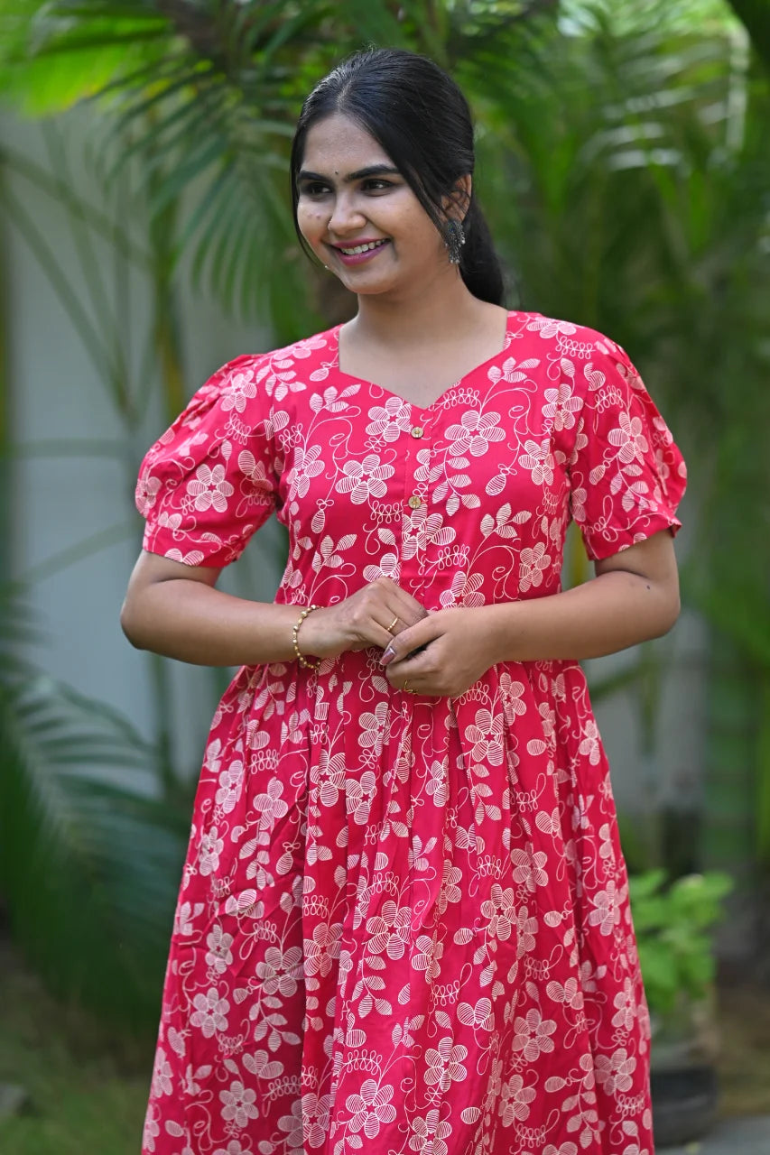 Red Floral Printed Cotton A-Line Kurti