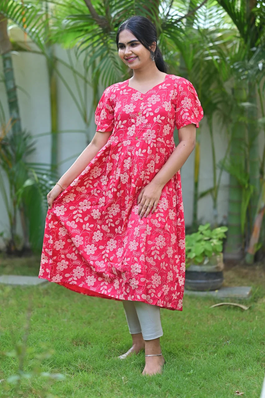 Red Floral Printed Cotton A-Line Kurti
