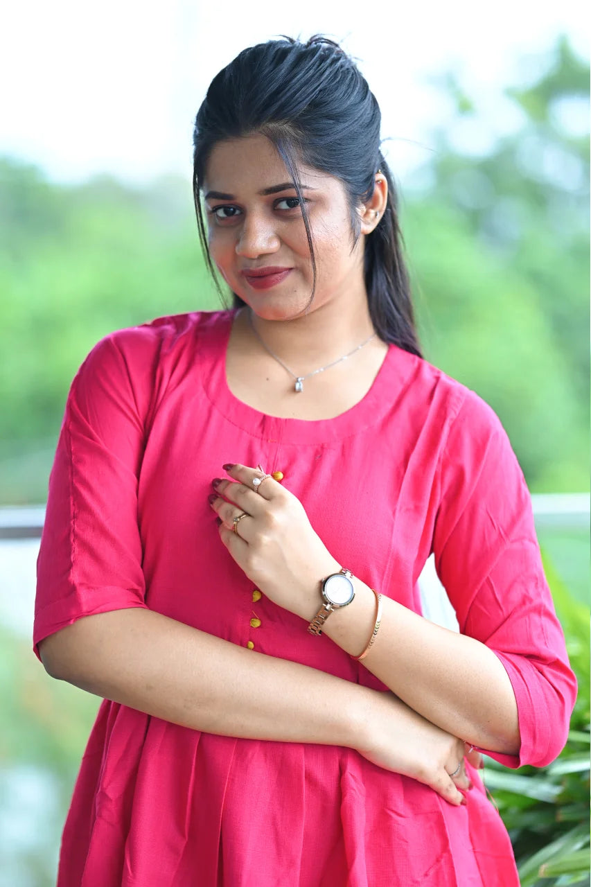 Rose Pink Floral Border Cotton A-Line Kurti