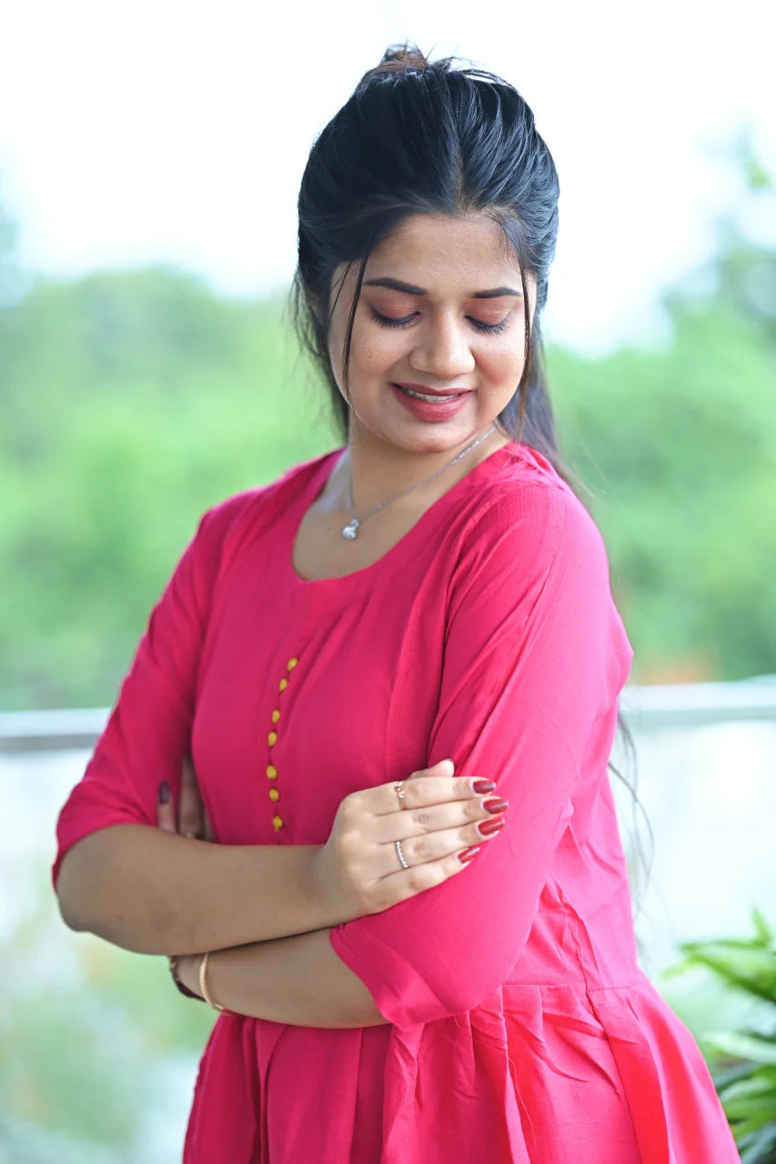 Rose Pink Floral Border Cotton A-Line Kurti