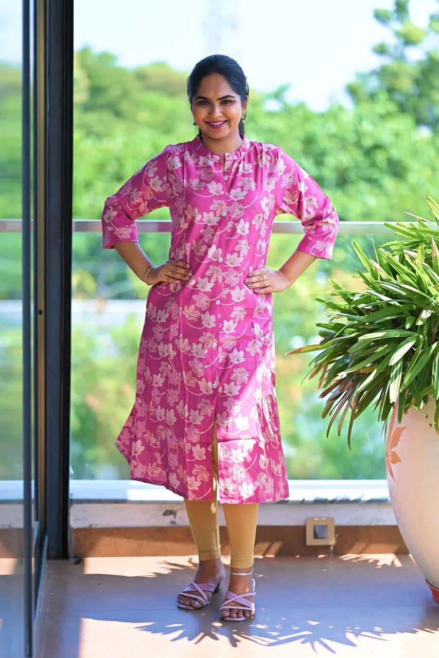 Rose Pink Floral Straight Kurti
