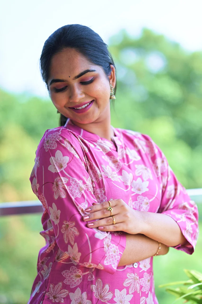 Rose Pink Floral Straight Kurti