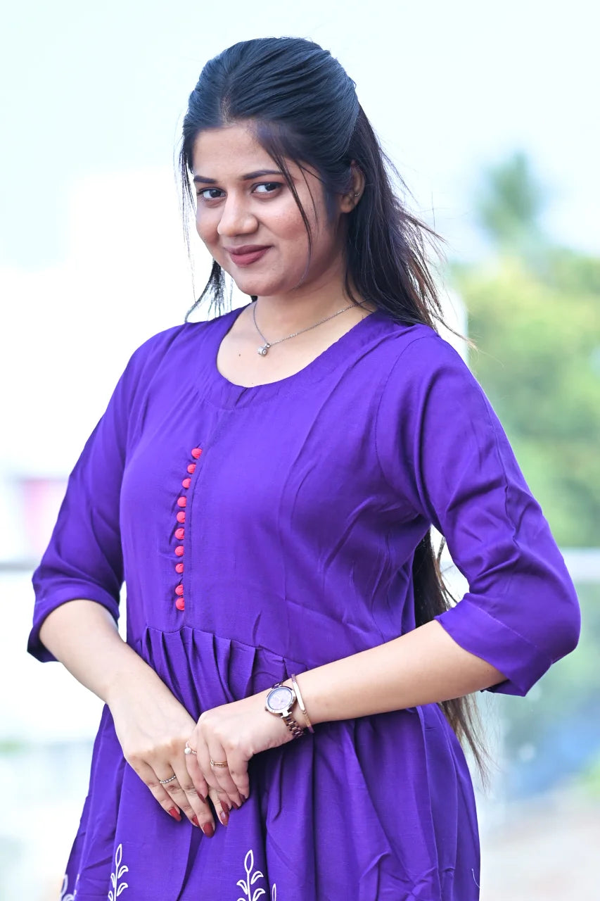 Royal Violet Printed Cotton A-Line Kurti