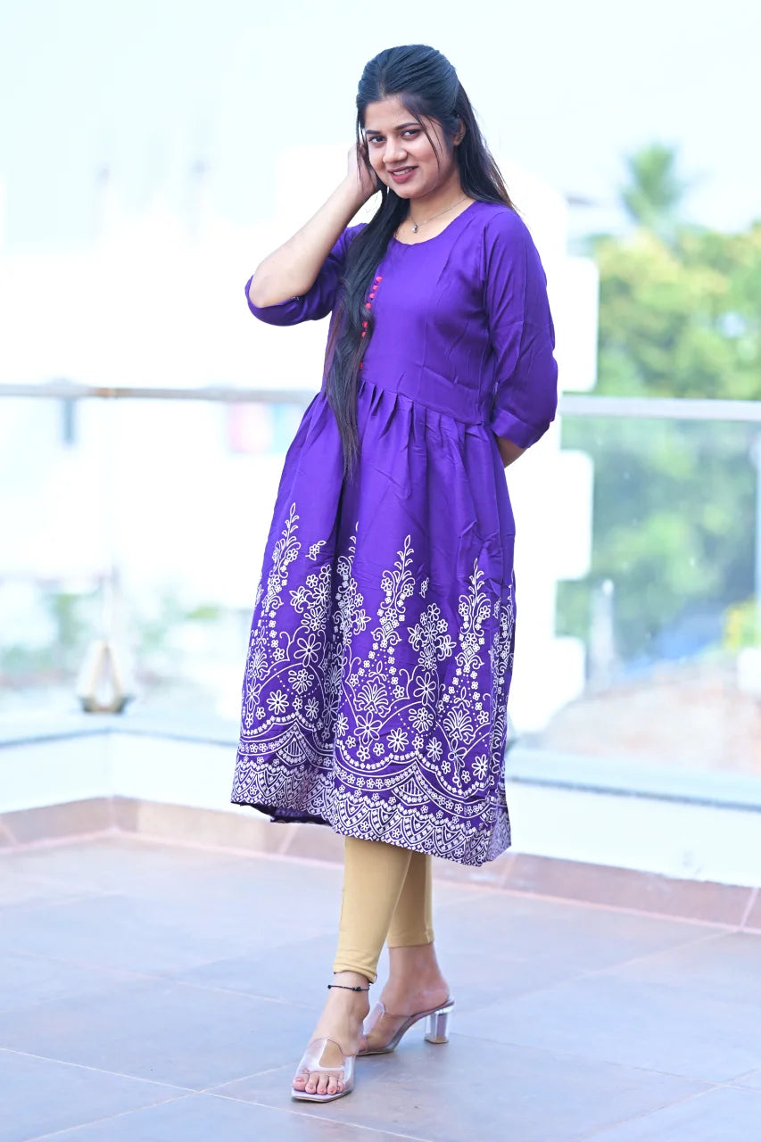 Royal Violet Printed Cotton A-Line Kurti