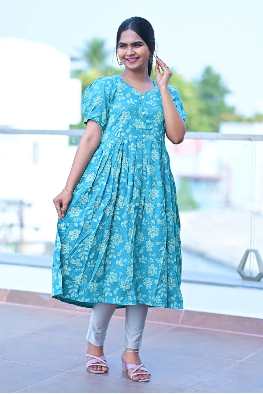 Sea Green Floral Printed Cotton A-Line Kurti