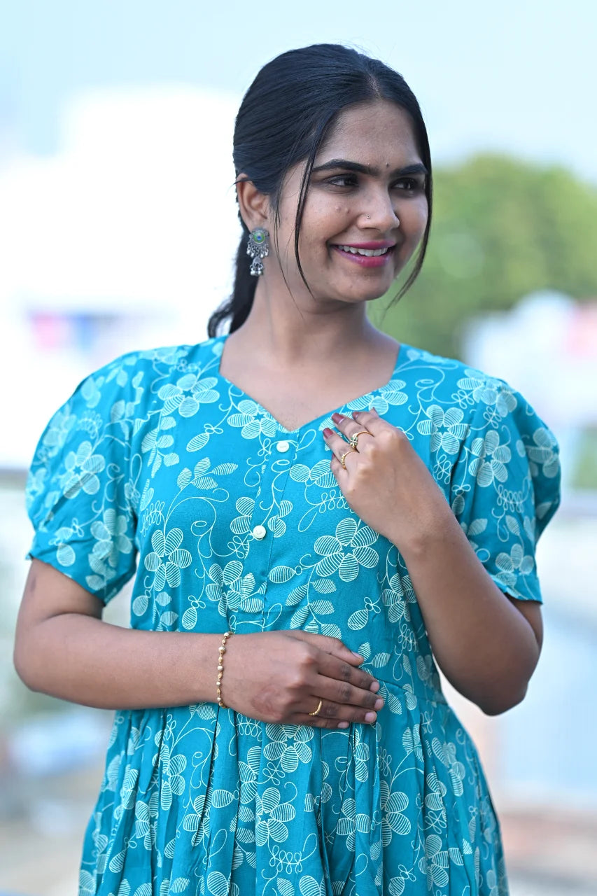 Sea Green Floral Printed Cotton A-Line Kurti