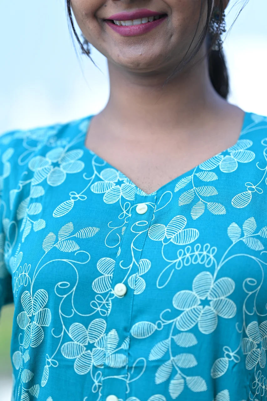Sea Green Floral Printed Cotton A-Line Kurti