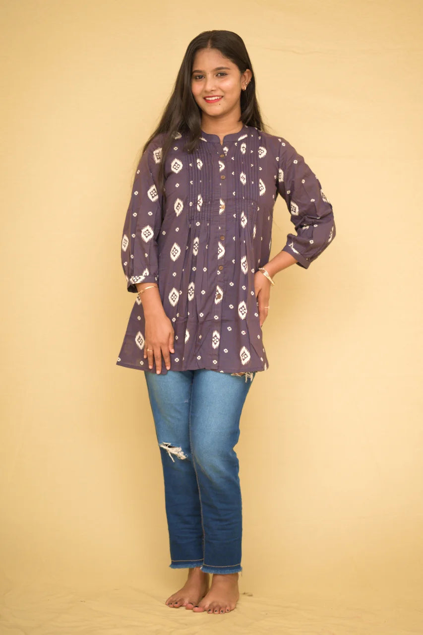 Plum Purple Ikat Printed Cotton Short Top
