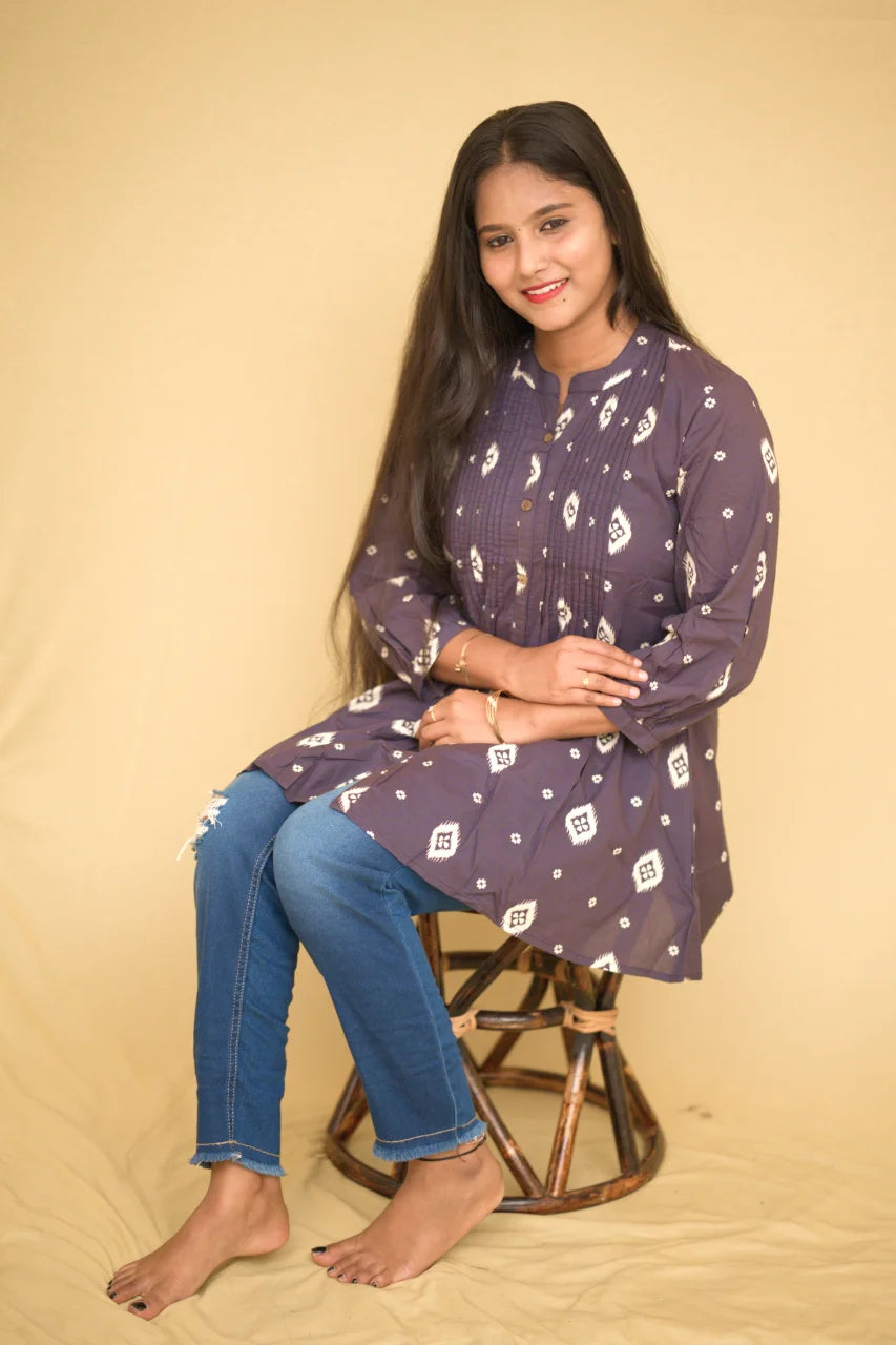 Plum Purple Ikat Printed Cotton Short Top