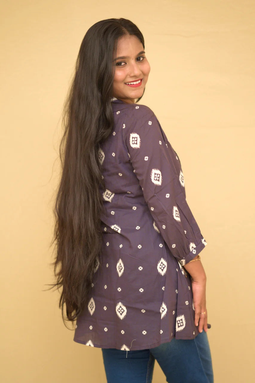 Plum Purple Ikat Printed Cotton Short Top