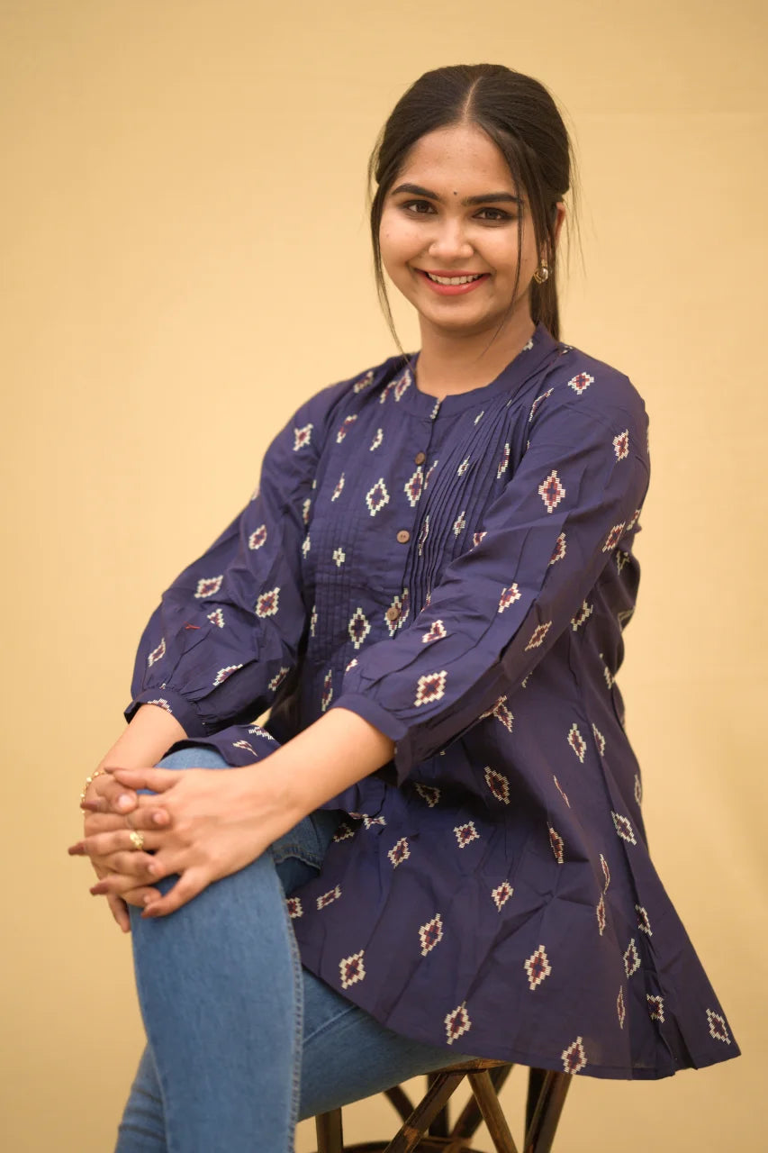 Navy Blue Ikat Printed Cotton Short Top