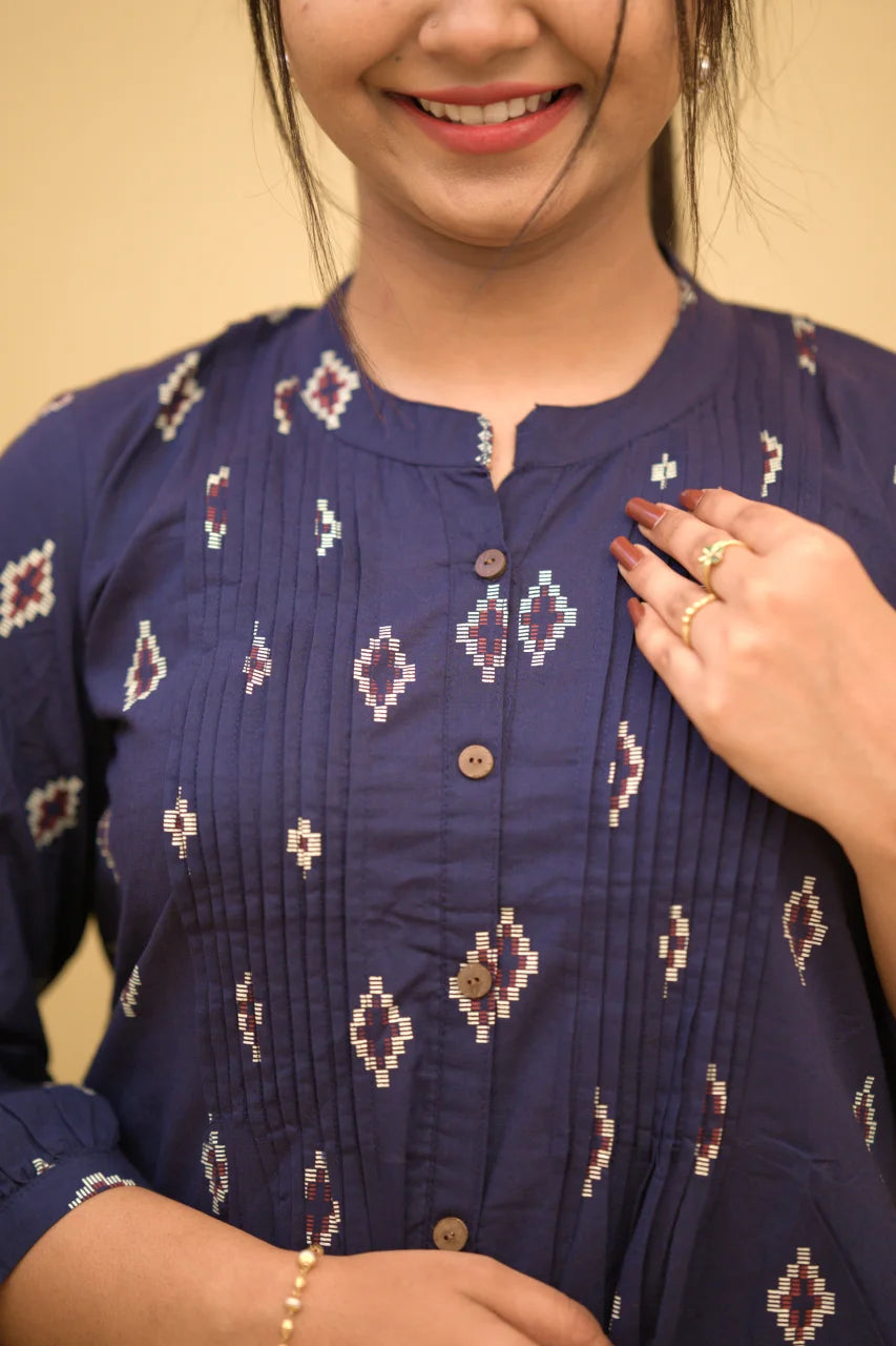 Navy Blue Ikat Printed Cotton Short Top