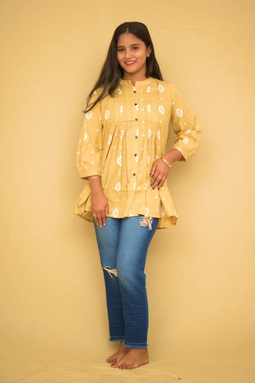 Mustard Yellow Ikat Printed Cotton Short Top