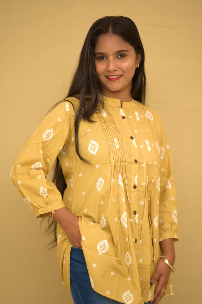 Mustard Yellow Ikat Printed Cotton Short Top