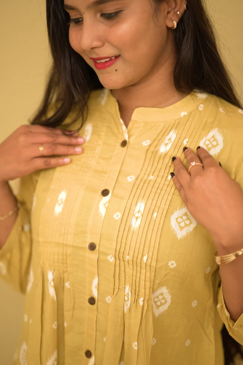 Mustard Yellow Ikat Printed Cotton Short Top