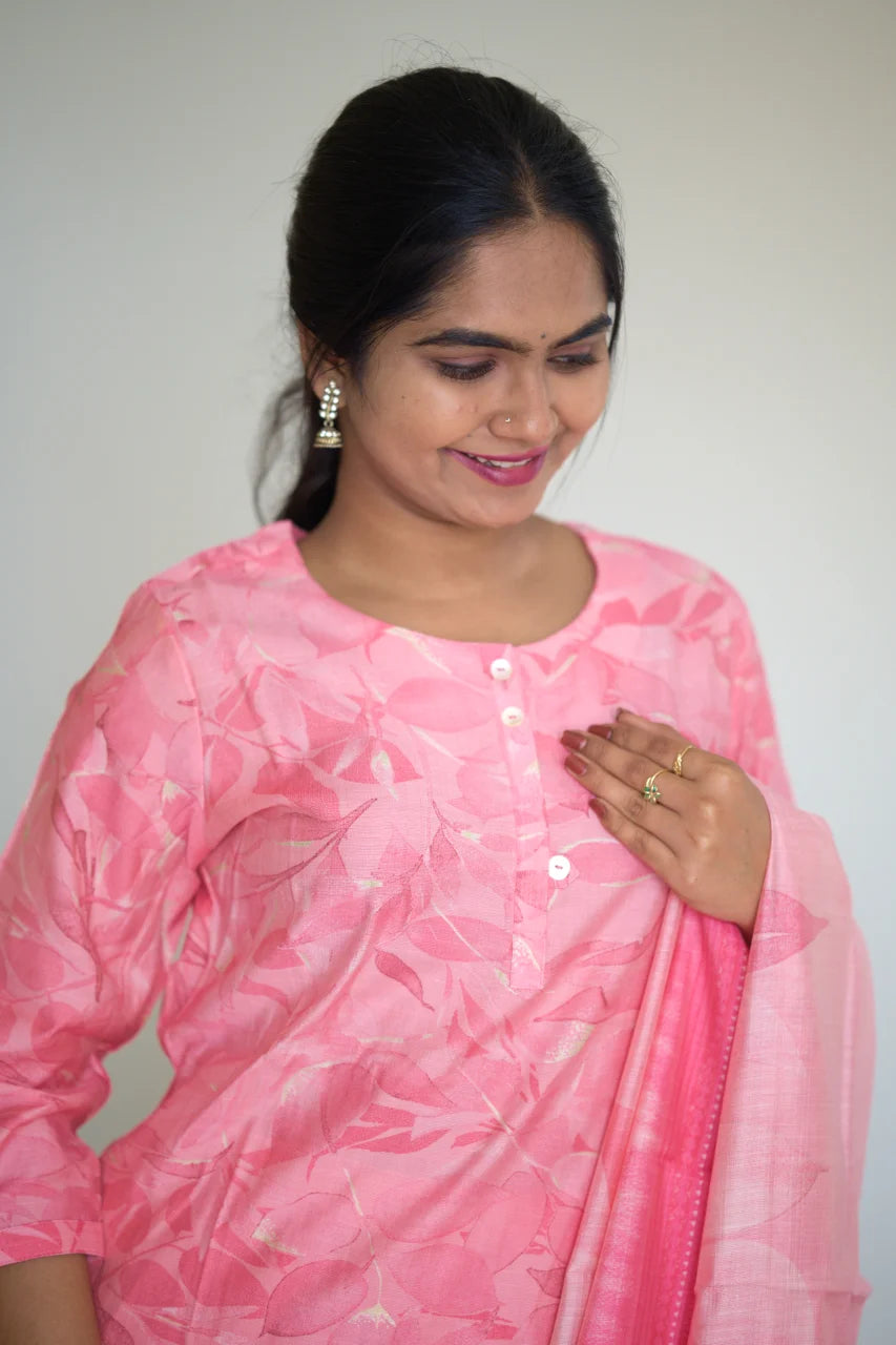 Soft Pink Floral Print Kurti Set with Matching Dupatta