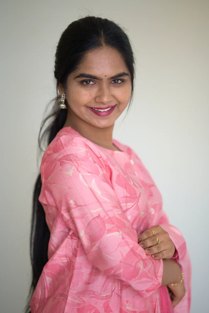 Soft Pink Floral Print Kurti Set with Matching Dupatta