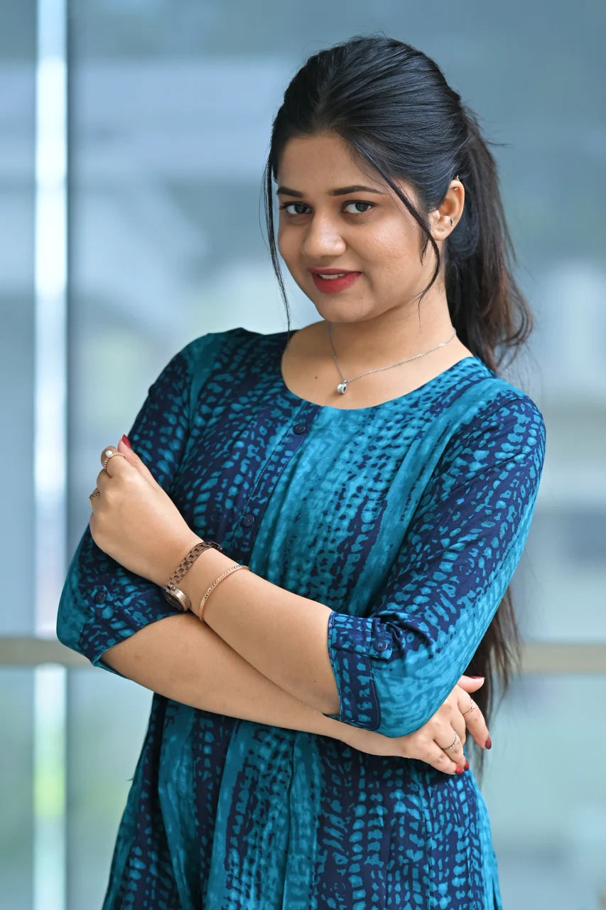 Teal Abstract Print Cotton Long Kurti