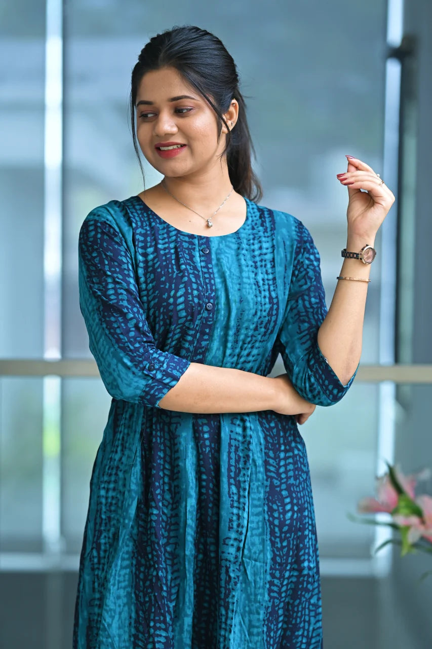 Teal Abstract Print Cotton Long Kurti