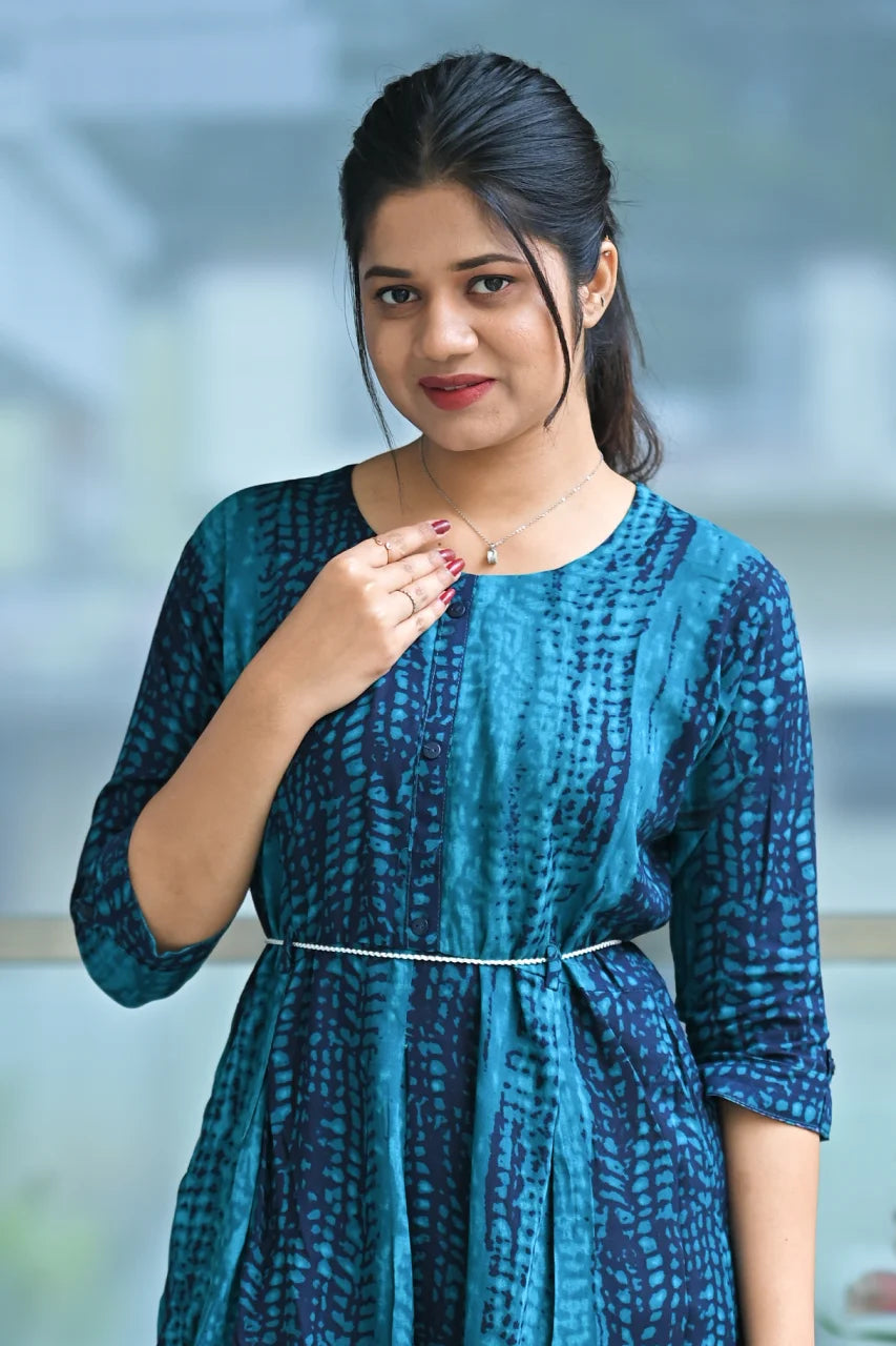 Teal Abstract Print Cotton Long Kurti