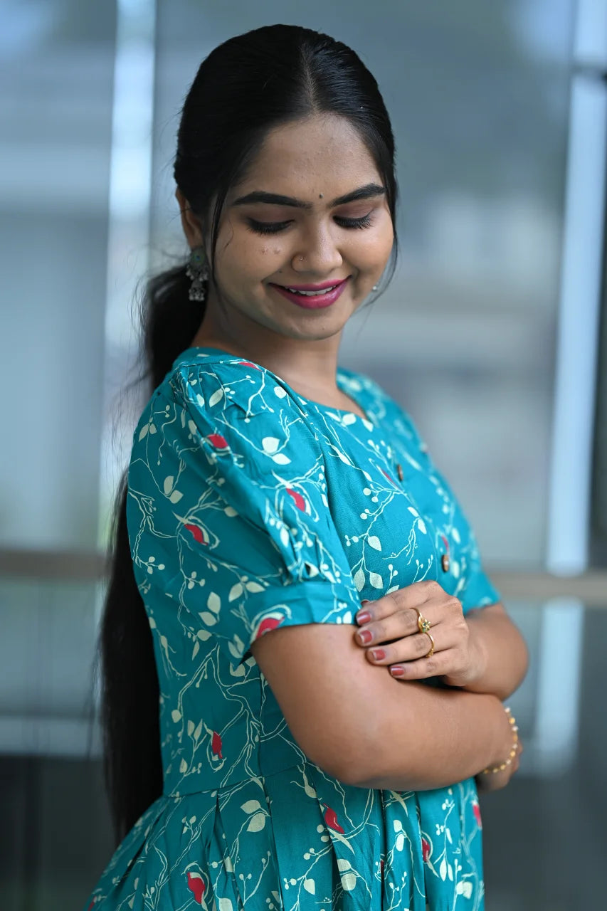 Teal Bird Print Cotton Midi Dress