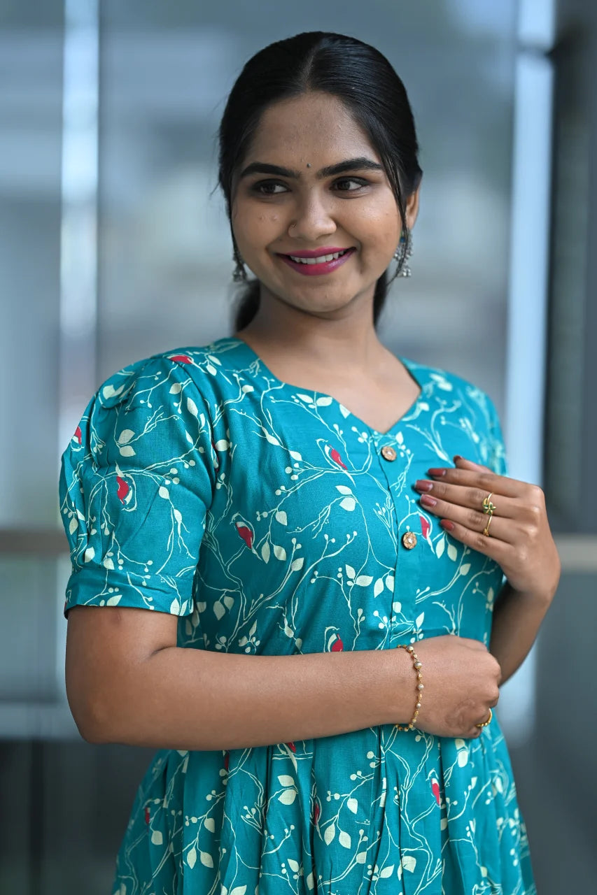 Teal Bird Print Cotton Midi Dress